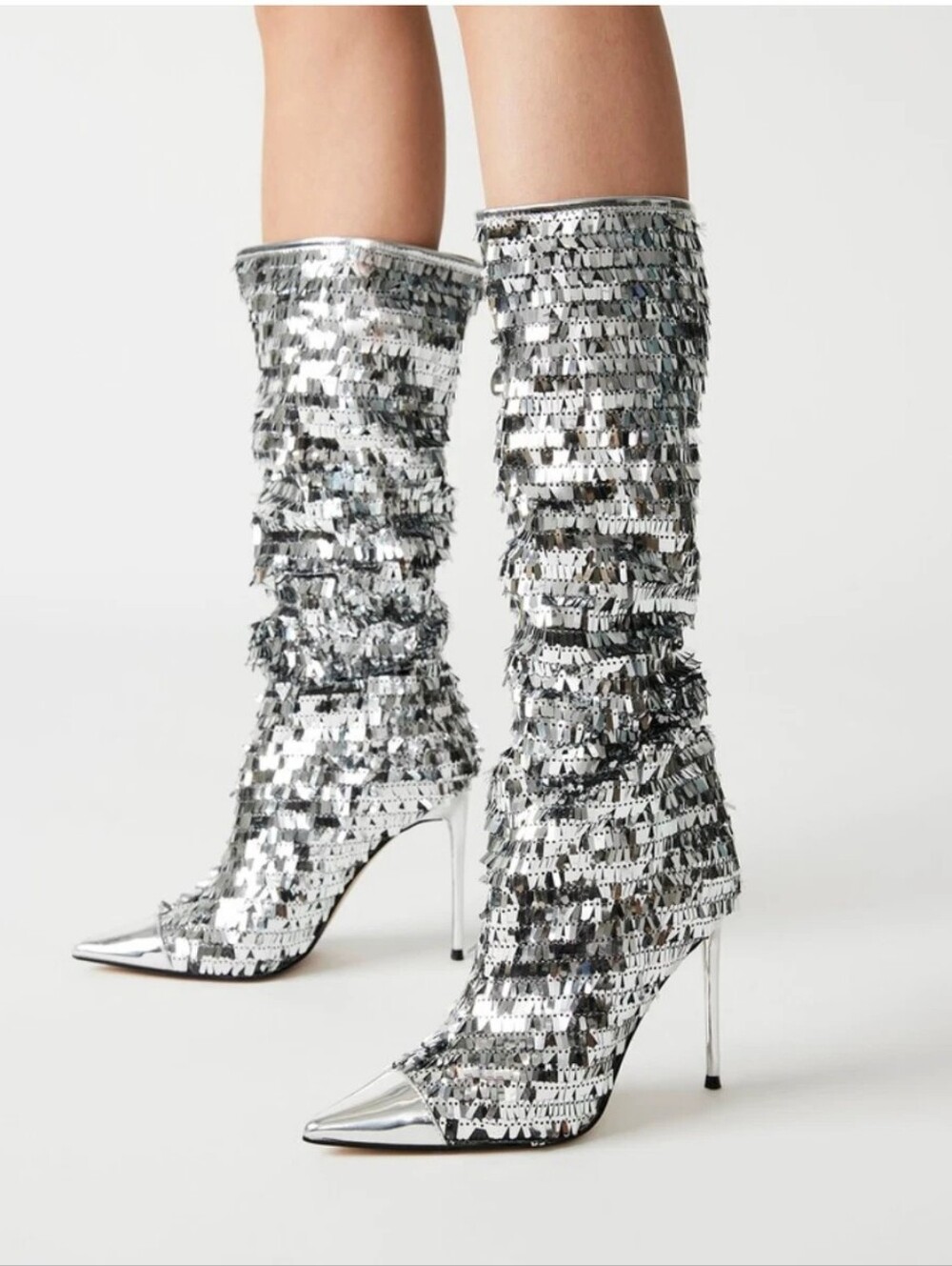 Steve Madden Panther-S Silver Sequin Pointed Toe Stiletto Booties Sz 11 NWT